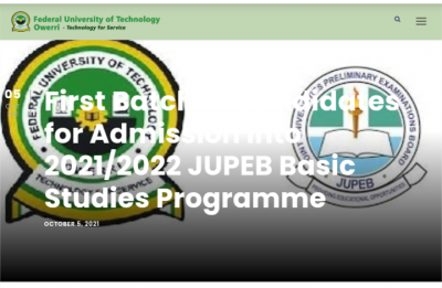 FUTO First Batch JUPEB Admission List For 2021/2022 Session